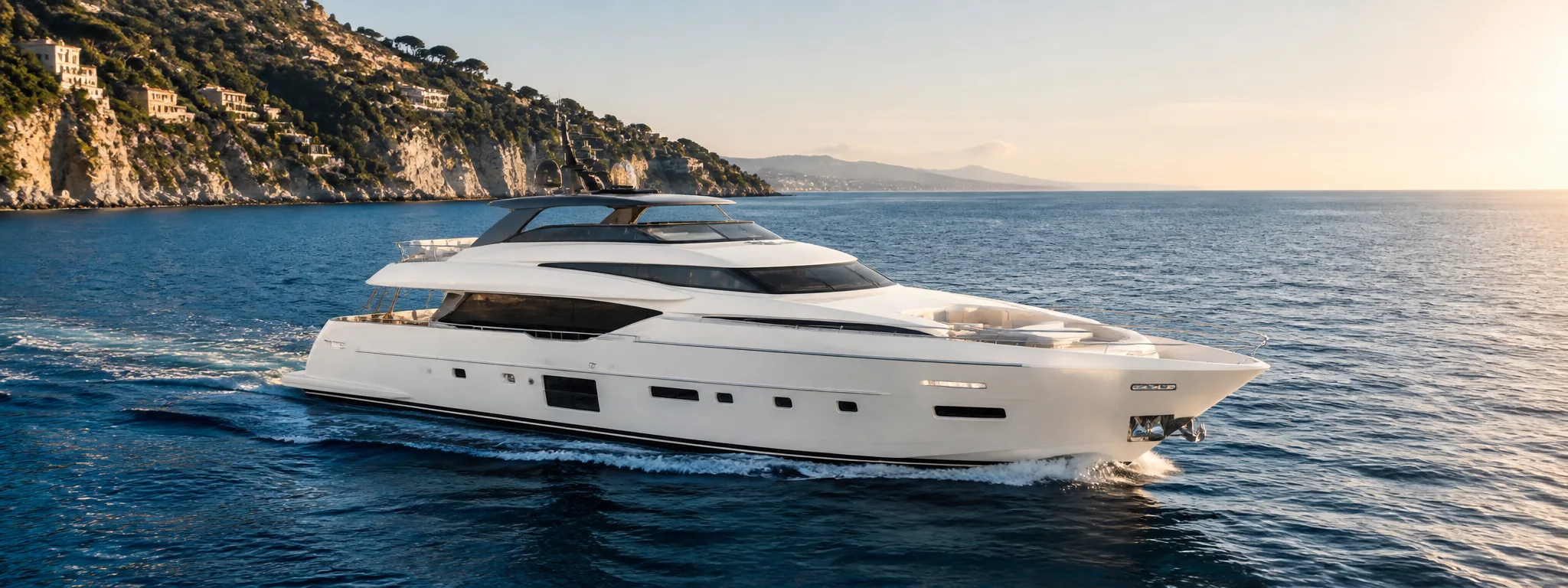 Luxury motor yacht cruising along a Mediterranean coastline