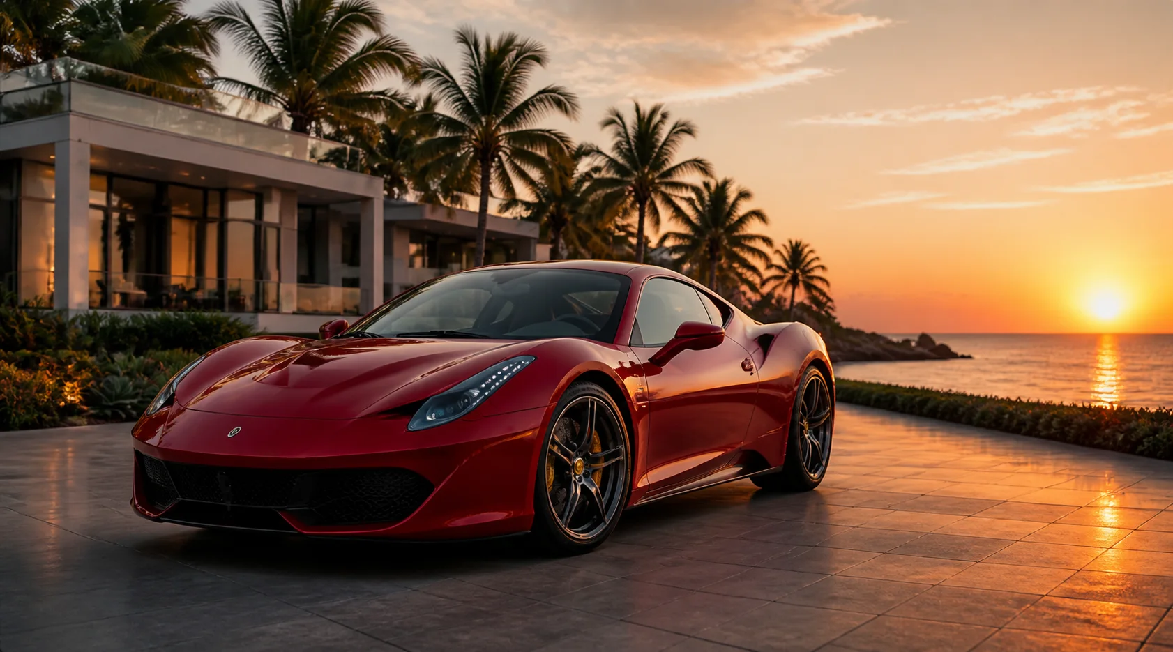 Red luxury sports car outside a coastal villa at sunset