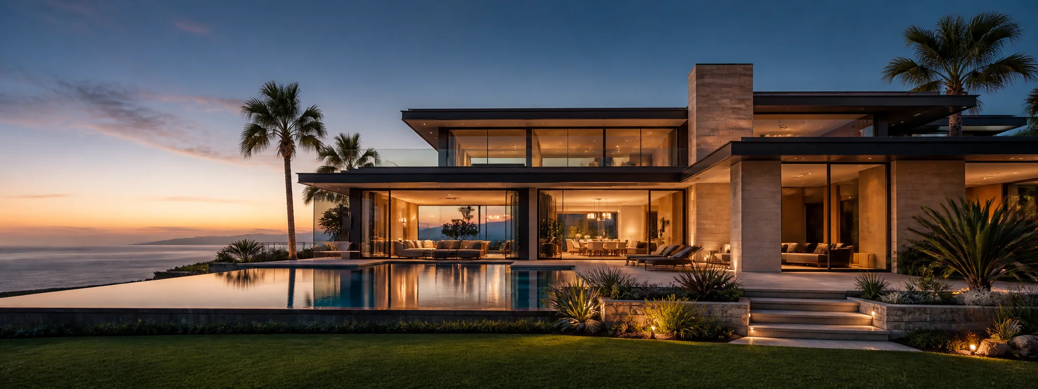 Modern luxury coastal villa at dusk